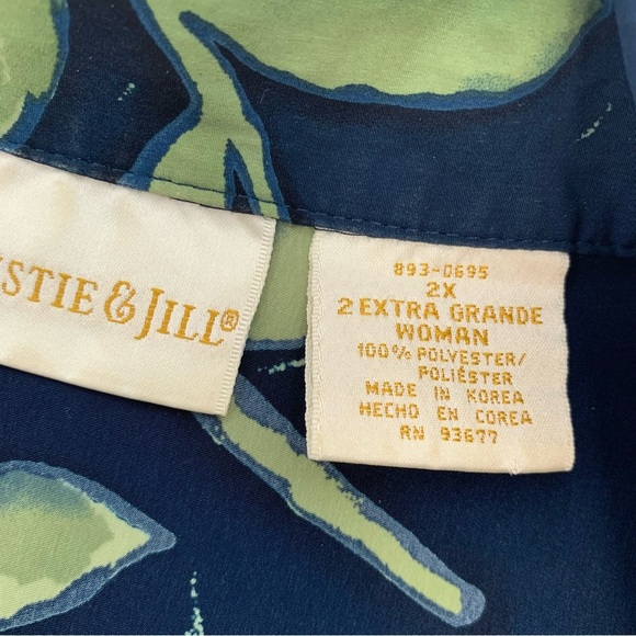 Christie Jill Blouse Woman 2X  Button Up Navy Green Print Short Sleeve Casual - Picture 6 of 8